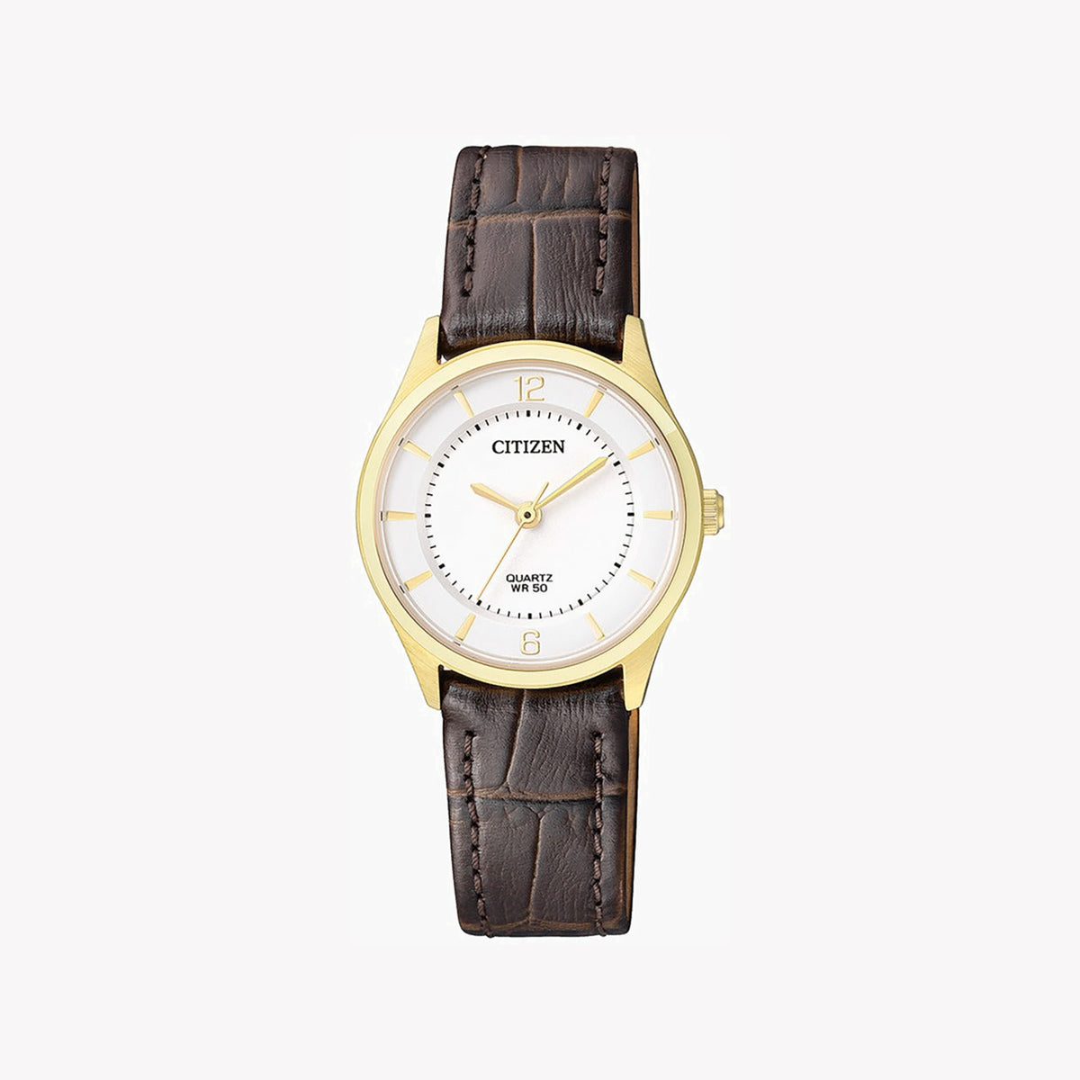 CITIZEN ER0203-00B - ELEGANT GOLD & WHITE DIAL WOMEN'S WATCH WITH LUXURIOUS LEATHER BAND