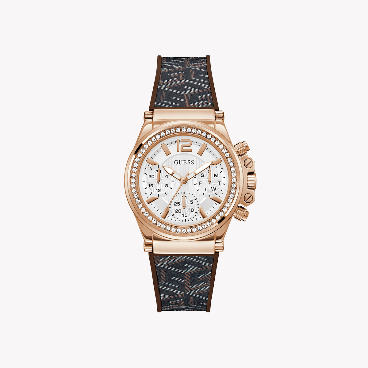 GUESS GW0621L5 - ROSE GOLD GLAMOUR - ELEGANT WOMEN'S TIMEPIECE with Brown Leather Band & White Dial