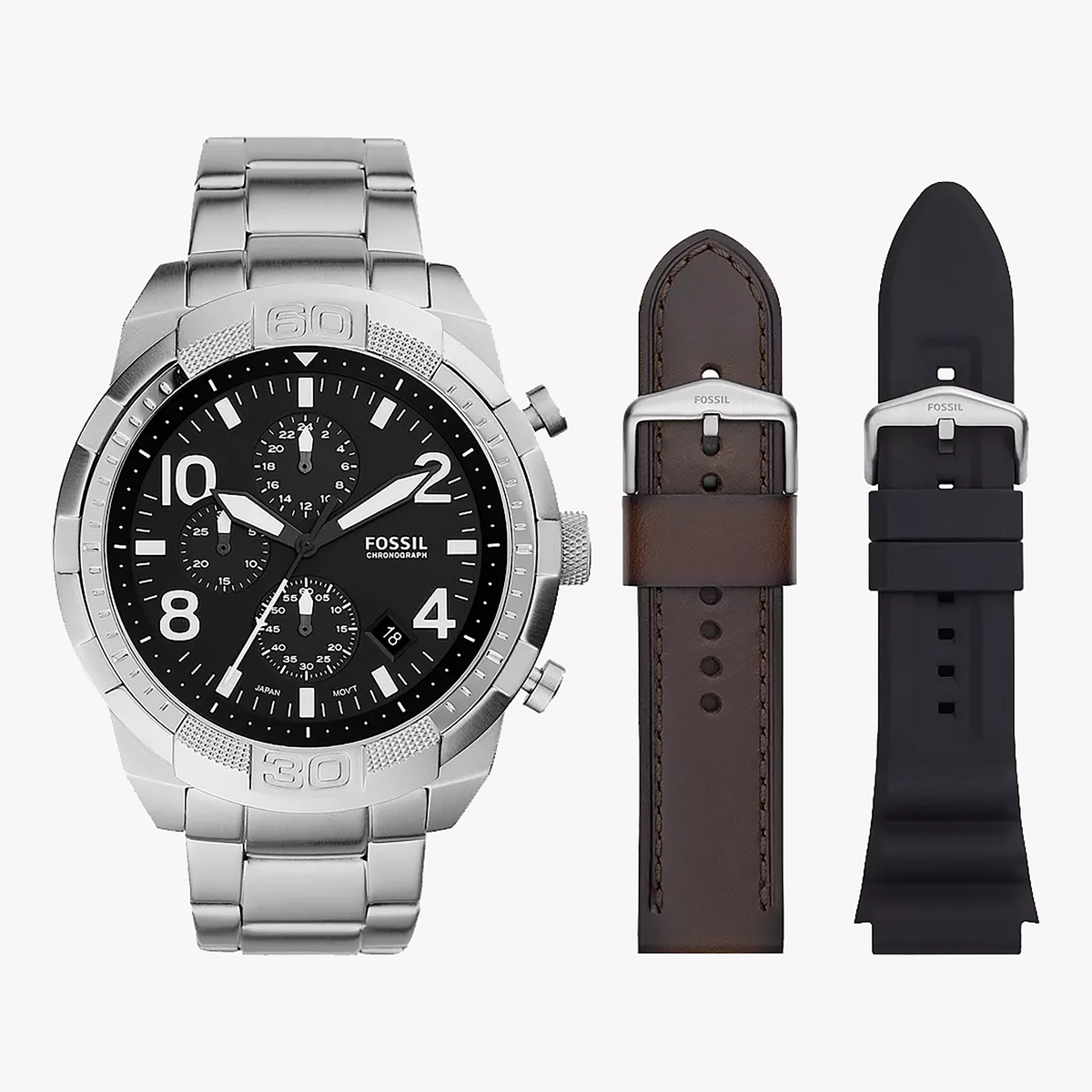 FOSSIL FS5968SET TIMELESS ELEGANCE - BOLD SILVER MEN'S WATCH WITH BLACK DIAL & STAINLESS STEEL BAND