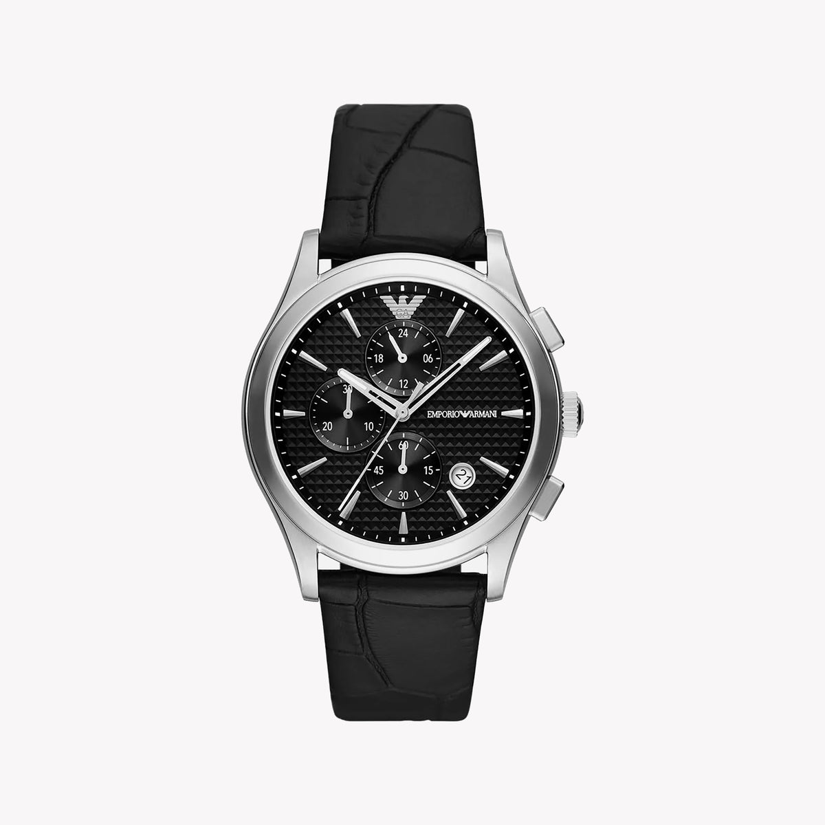 EMPORIO ARMANI AR11530 - SOPHISTICATED SILVER STAINLESS STEEL MEN'S WATCH WITH BLACK LEATHER BAND