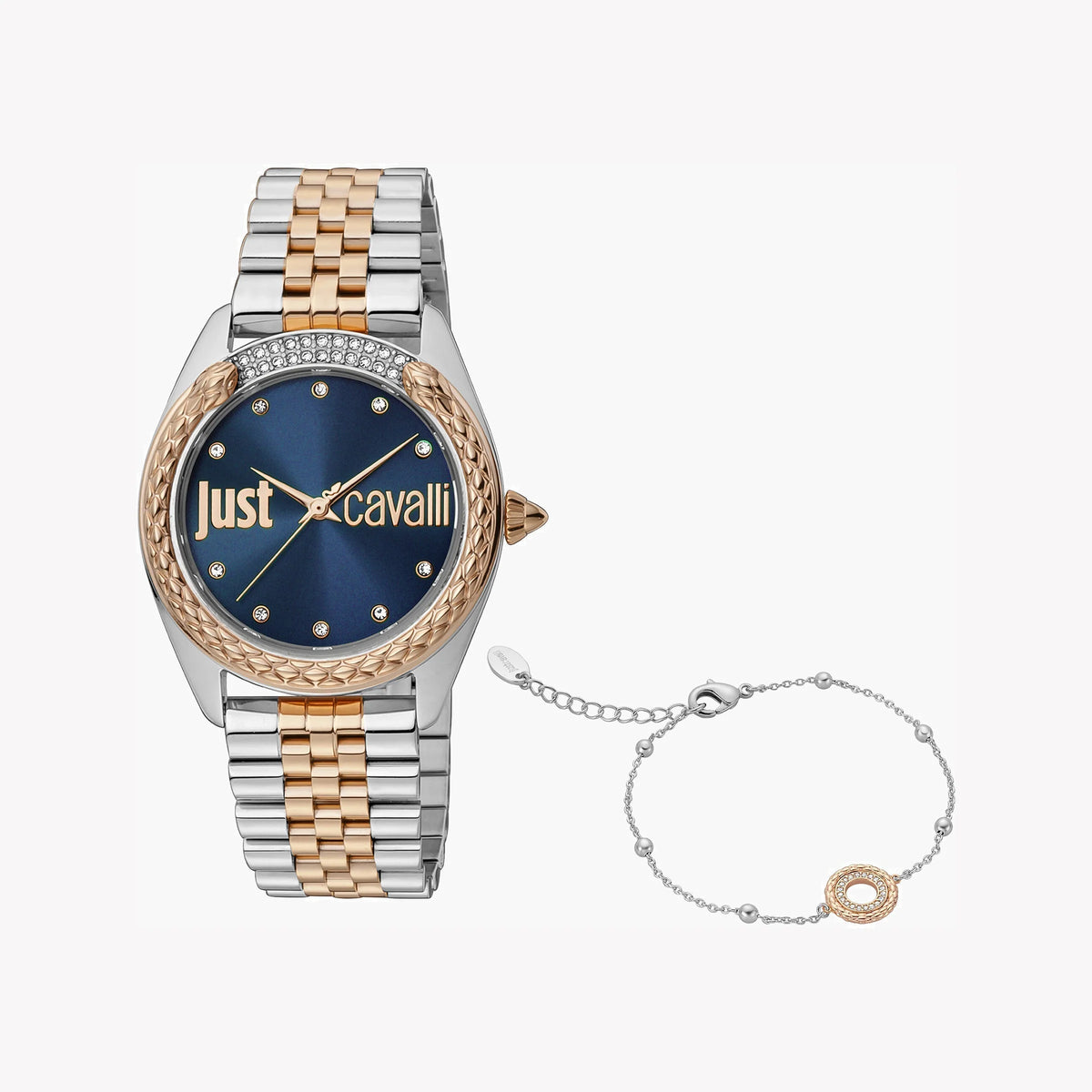 JUST CAVALLI Women's Watch with Silver & Rose Gold Stainless Steel Case and Silver & Rose Gold Stainless Steel Band