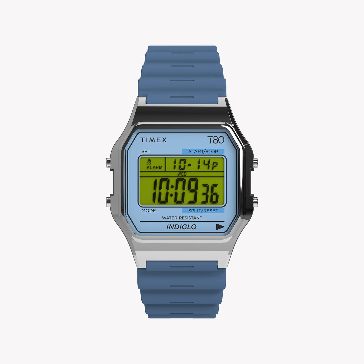 TIMEX T80 SILVER TONE BLUE LENS - RETRO CHRONOGRAPH WITH INDIGLO LIGHT