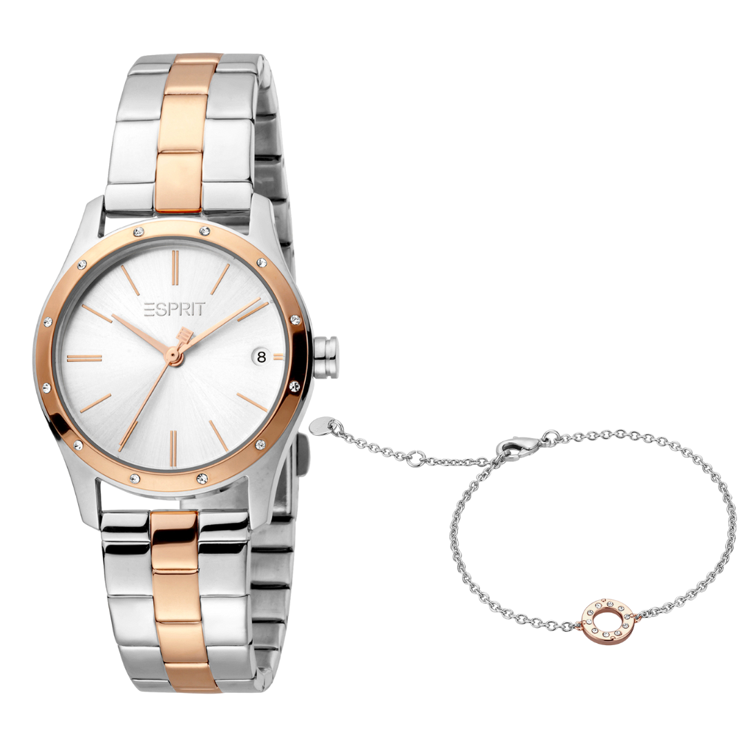ESPRIT Women's Watch with Silver Stainless Steel Case and Silver & Rose Gold Stainless Steel Band