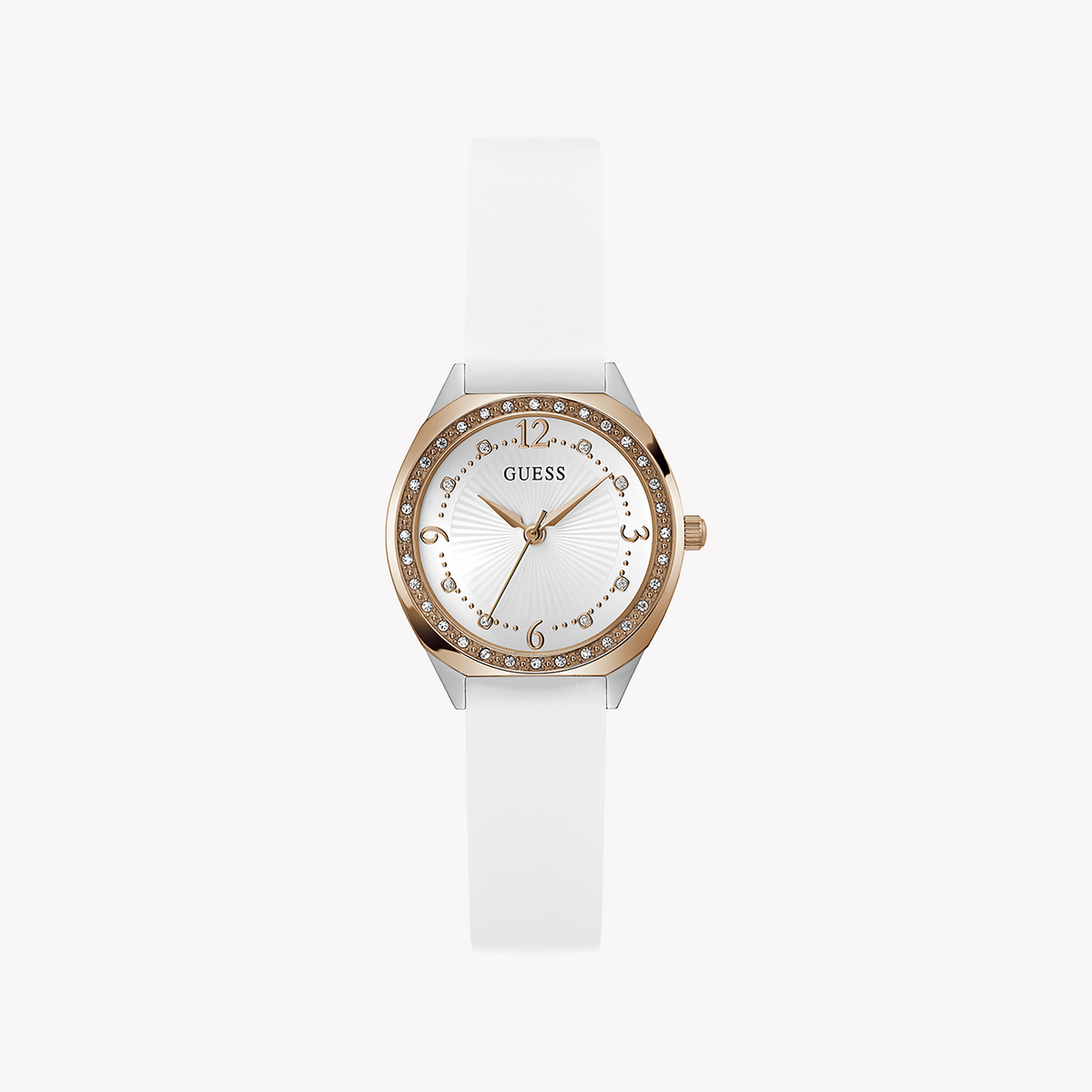GUESS GW0820L3 ROSE GOLD GLAM - ELEGANT WOMEN'S TIMEPIECE WITH WHITE SILICONE BAND