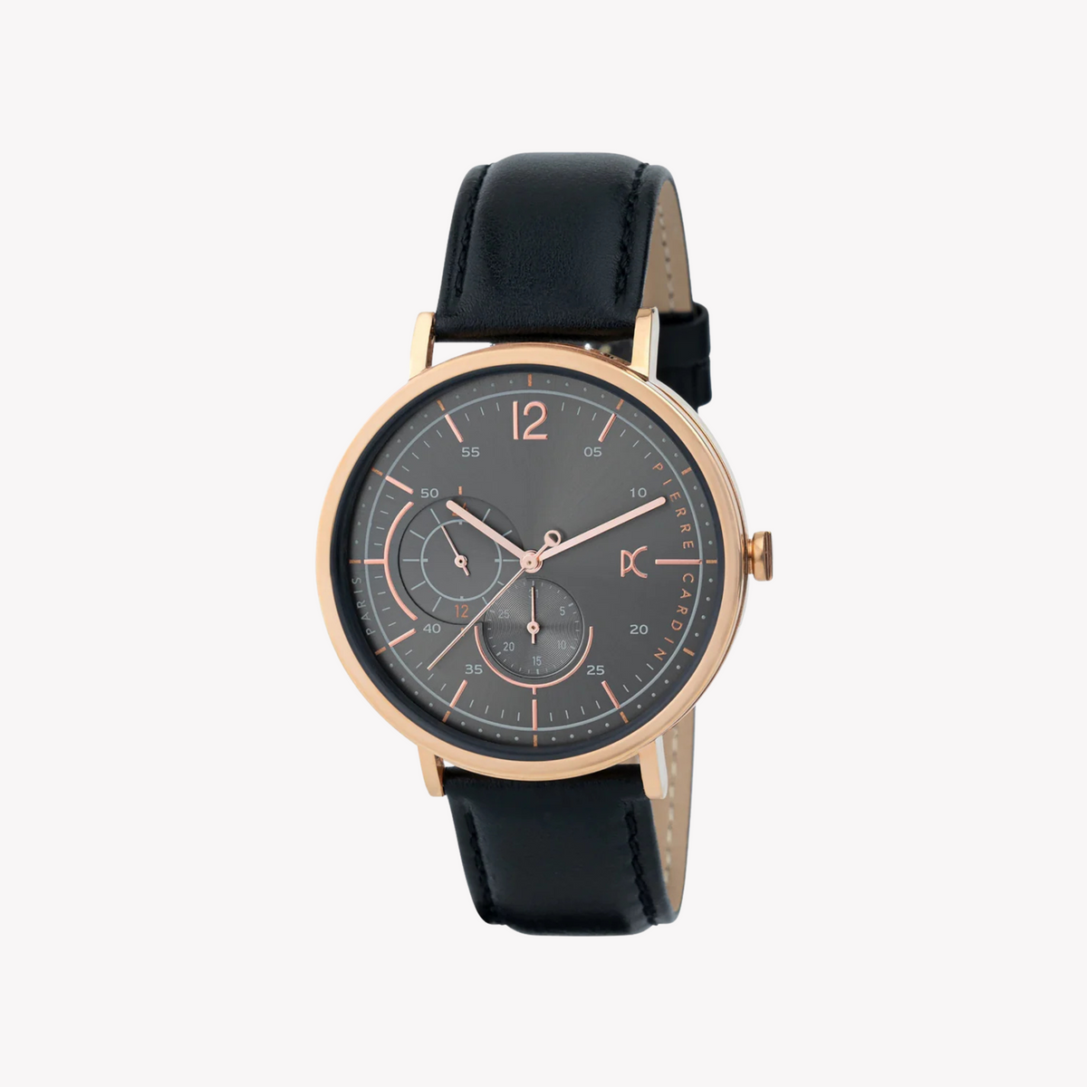 ساعة بيير كاردان CBN.3023 الفاخرة باللون الذهبي الوردي للرجال - مينا أسود أنيق وسوار جلدي