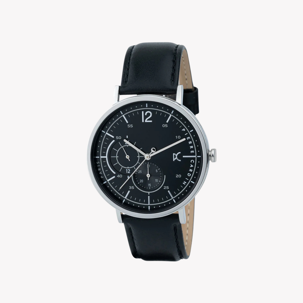 Pierre Cardin Men's Black Leather Watch, Silver Case | Cbn.3019