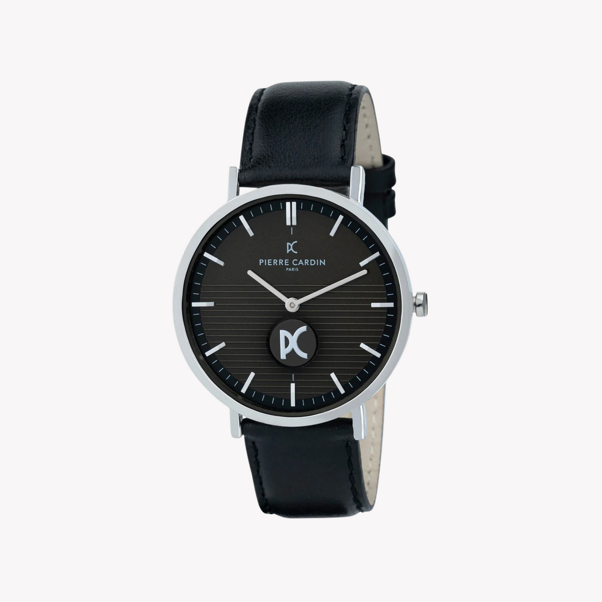 ساعة بيير كاردان CBV.1049 الفاخرة للرجال - هيكل فضي أنيق وسوار جلدي أسود