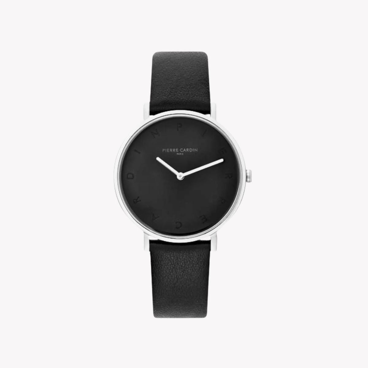 PIERRE CARDIN Damenuhr mit silbernem Edelstahlgehäuse und schwarzem Lederarmband