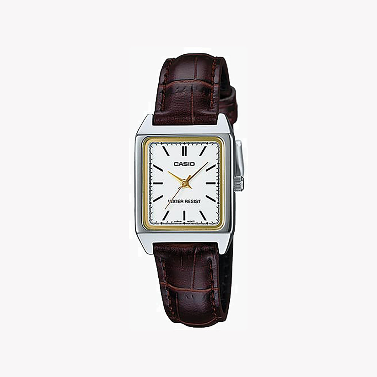 CASIO Women's Watch with Silver Chrome Plated Case and Brown Leather Band
