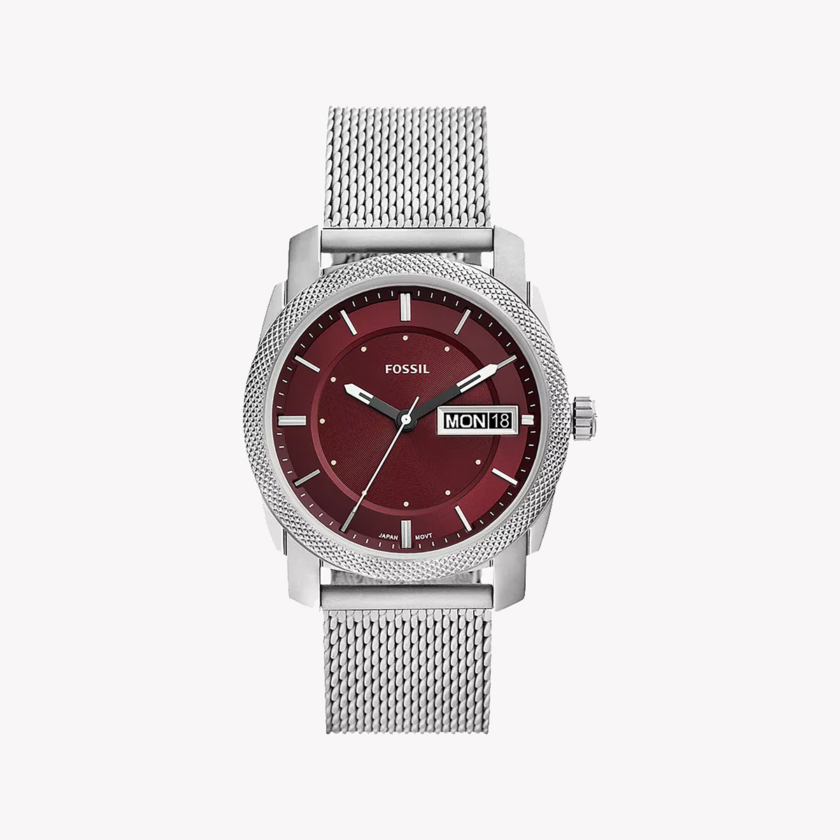 FOSSIL FS6014 MEN’S WATCH - ELEGANT BURGUNDY DIAL WITH SILVER MESH STRAP