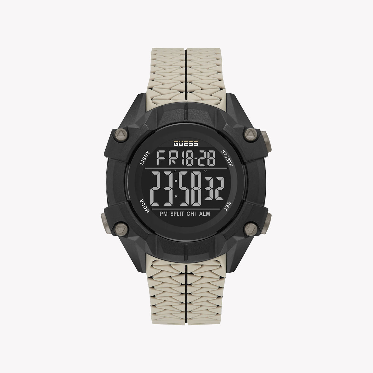 GUESS GW0342G2 BOLD EDGE - STRIKING MEN'S DIGITAL TIMEPIECE with Black Steel Case & Beige Silicone Band