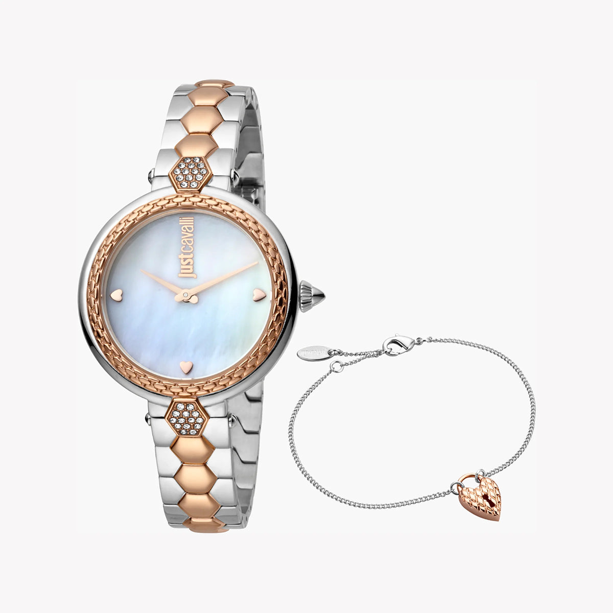 JUST CAVALLI Women's Watch with Rose Gold Stainless Steel Case and Silver & Rose Gold Stainless Steel Band