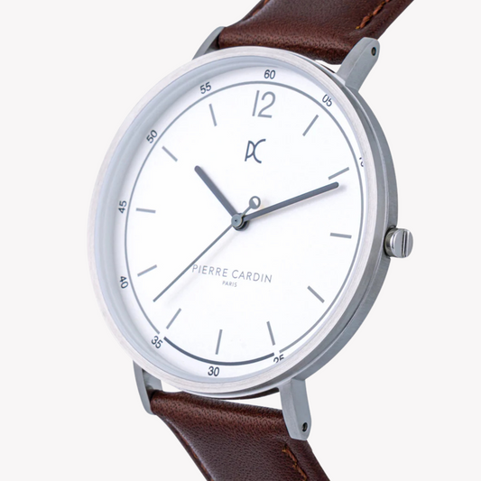 Pierre Cardin Men's Silver Stainless Steel, Brown Leather | Cbn.3001