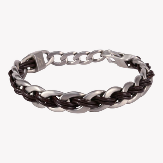 Zink Men's Silver & Brown Stainless Steel & Leather Bracelet | Zjbc008slbw