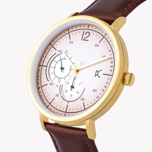 PIERRE CARDIN CBN.3022 ELEGANTE GOLDENE EDELSTAHLUHR FÜR HERREN – BRAUNES LEDERBAND