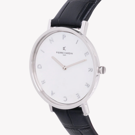 PIERRE CARDIN Damenuhr mit silbernem Metallgehäuse und schwarzem Lederarmband