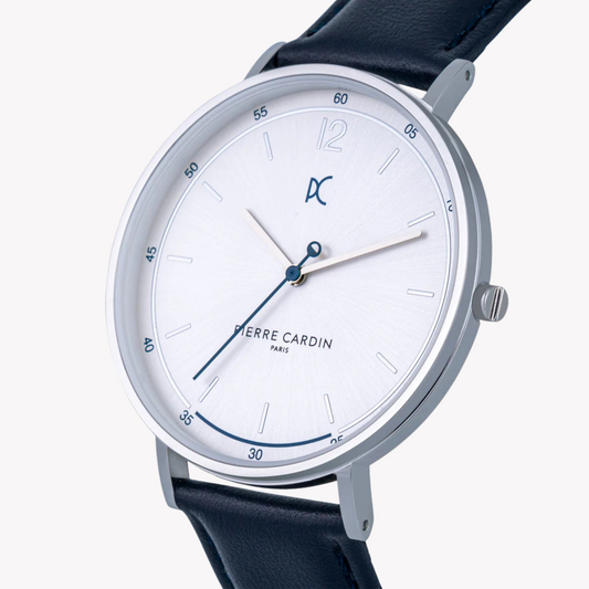Pierre Cardin Men's Blue Leather Watch, Silver Dial | Cbn.3002