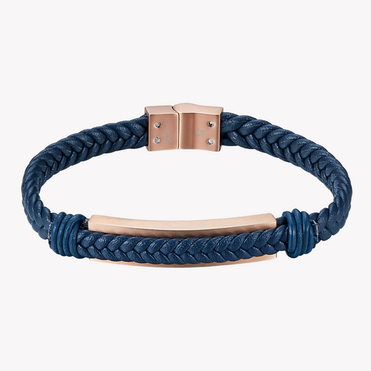Zink Men's Blue & Rose Gold Stainless Steel & Leather Bracelet | Zjbc028rgbl