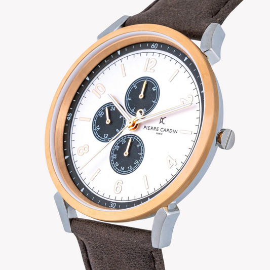 Pierre Cardin Men's Silver & Rose Gold, Brown Leather | Cpi.2078