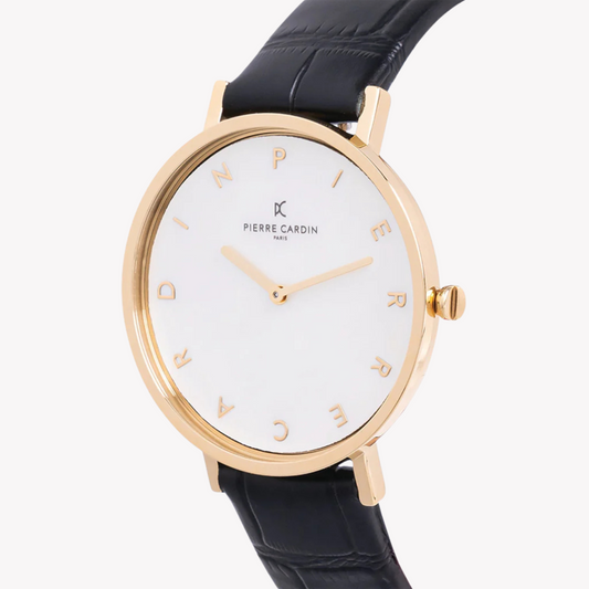 PIERRE CARDIN Damenuhr mit goldenem Metallgehäuse und schwarzem Lederarmband