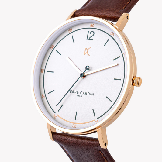 Pierre Cardin Men's Brown Leather Watch, Silver Dial | Cbn.3008