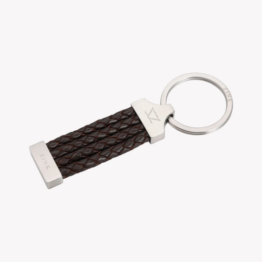 Zink Keychain - Brown & Silver - Stainless Steel & Leather | Zjkc008br
