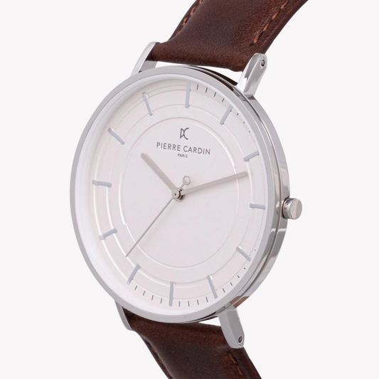 Pierre Cardin Men's Silver Watch, Brown Leather Band | Cbn.3031