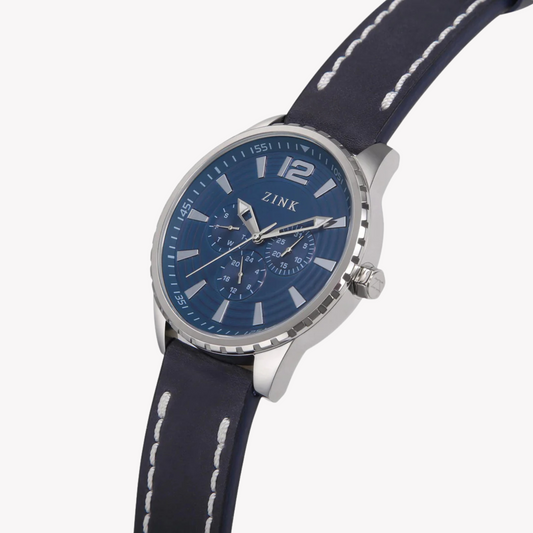 Zink Men's Silver Stainless Steel & Blue Leather Watch | Zk131g2ls-4141