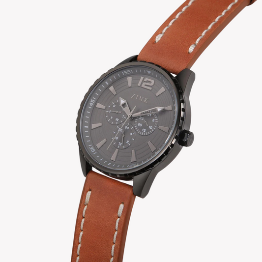 Zink Men's Black Stainless Steel & Brown Leather Watch | Zk131g2ls-92