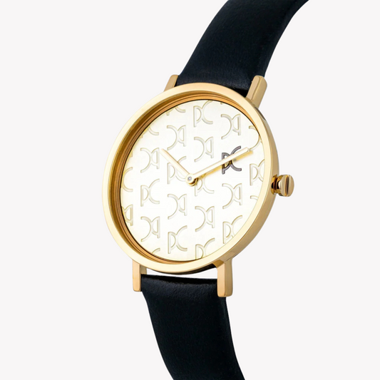 PIERRE CARDIN Damenuhr mit goldenem Edelstahlgehäuse und schwarzem Lederarmband