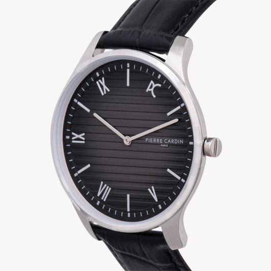 PIERRE CARDIN CBA.4025 LUXUS-HERRENUHR IN SILBER & SCHWARZ – ELEGANTES LEDERDESIGN