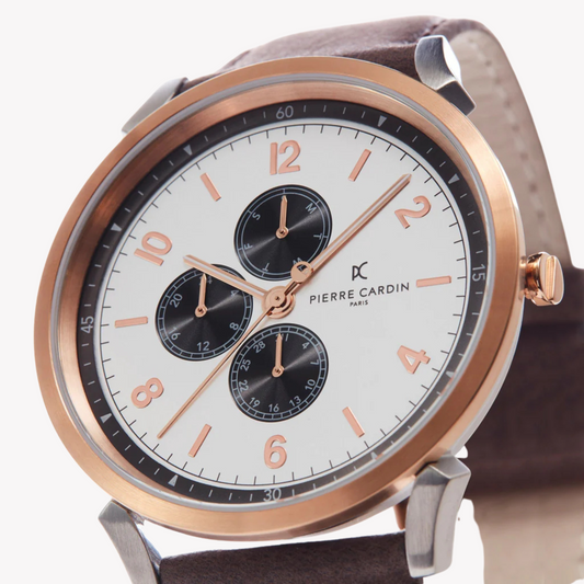 Pierre Cardin Men's Silver & Rose Gold Watch, Brown Leather | Cpi.2022