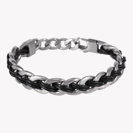 Zink Men's Silver & Black Stainless Steel & Leather Bracelet | Zjbc008slb-L