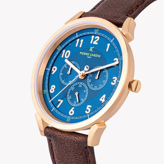 Pierre Cardin Men's Brown Leather Watch, Blue Dial | Cpi.2054