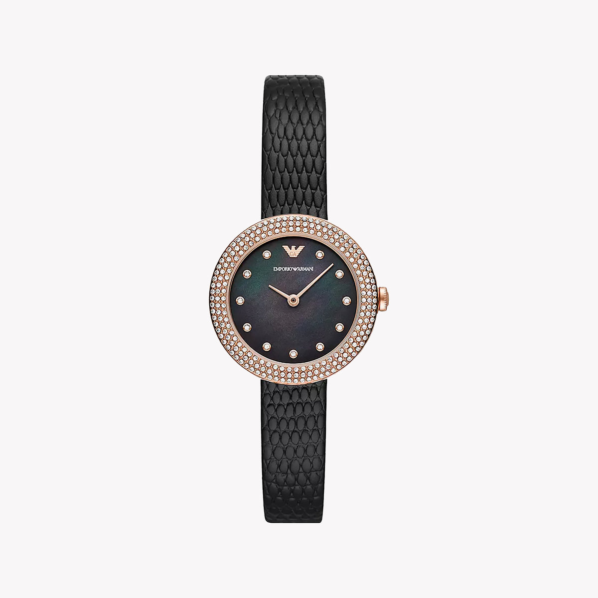EMPORIO ARMANI AR11433 - ROSE GOLD GLAMOUR: Chic Women's Watch with Black Dial & Leather Band