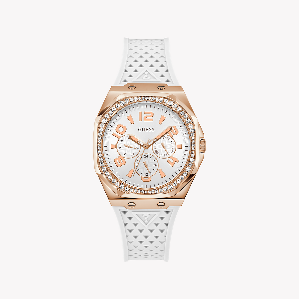 GUESS GW0694L3 ROSE GOLD GLAM - ELEGANT WOMEN'S TIMEPIECE with White Silicone Band and Chic White Dial