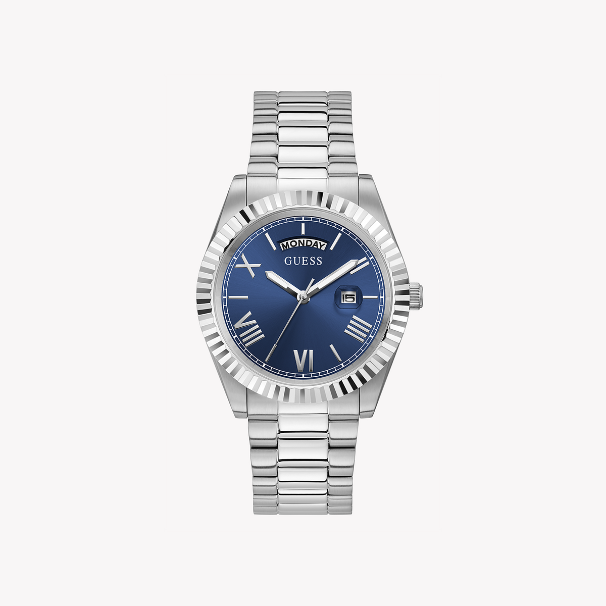 GUESS GW0265G7 - BOLD ELEGANCE SERIES Men's Watch with Silver Stainless Steel Band and Vibrant Blue Dial