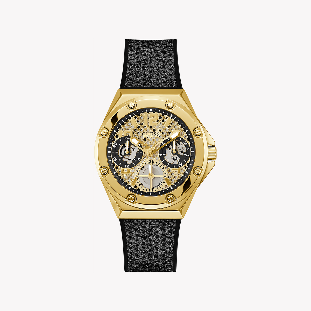 GUESS GW0620L2 VIBRANT CREATIONS - BOLD & COLORFUL WOMEN'S WATCH with Gold Case & Black Band