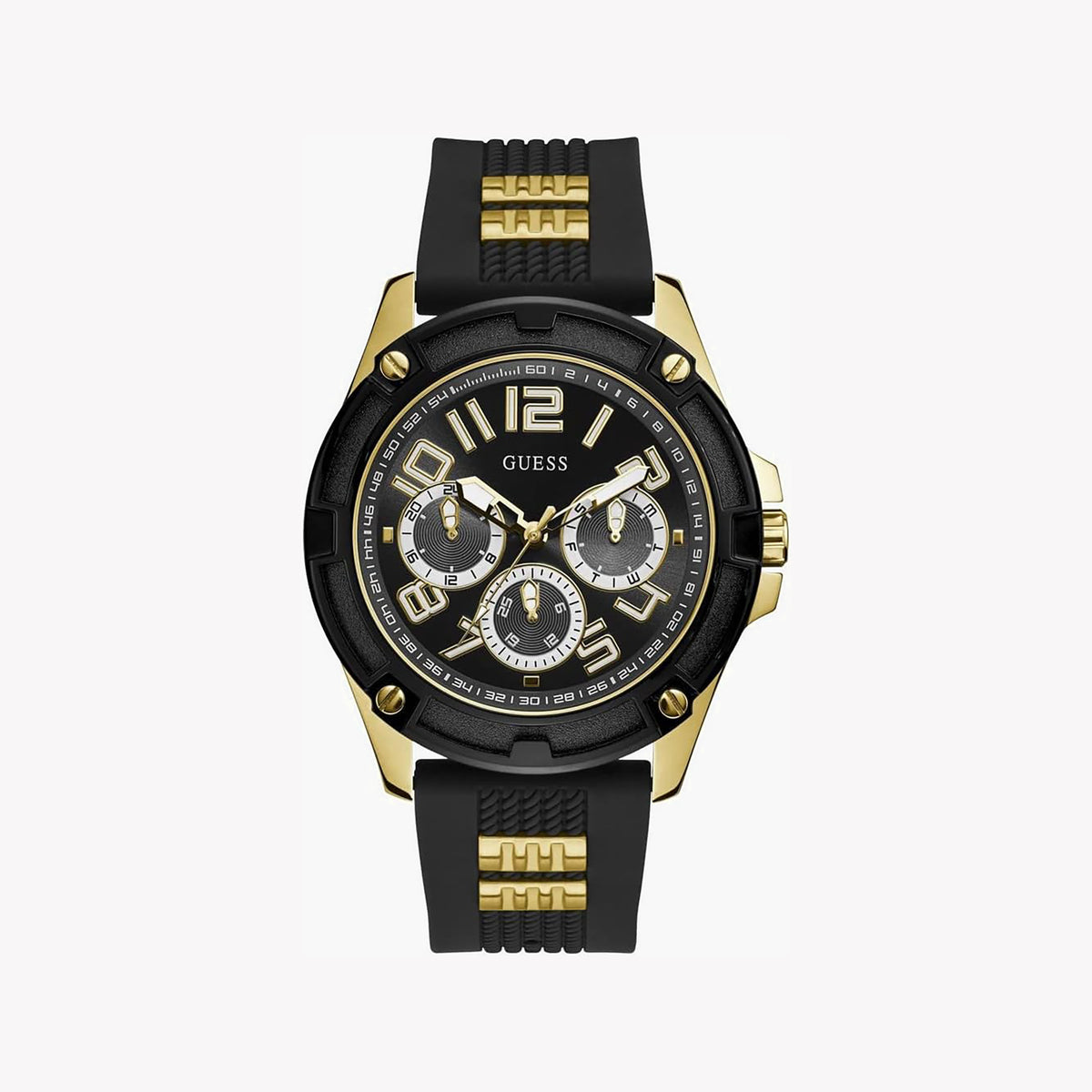 GUESS GW0051G2 BOLD ADVENTURER - MEN'S GOLD-TONE SPORT WATCH with BLACK SILICONE BAND & DIAL