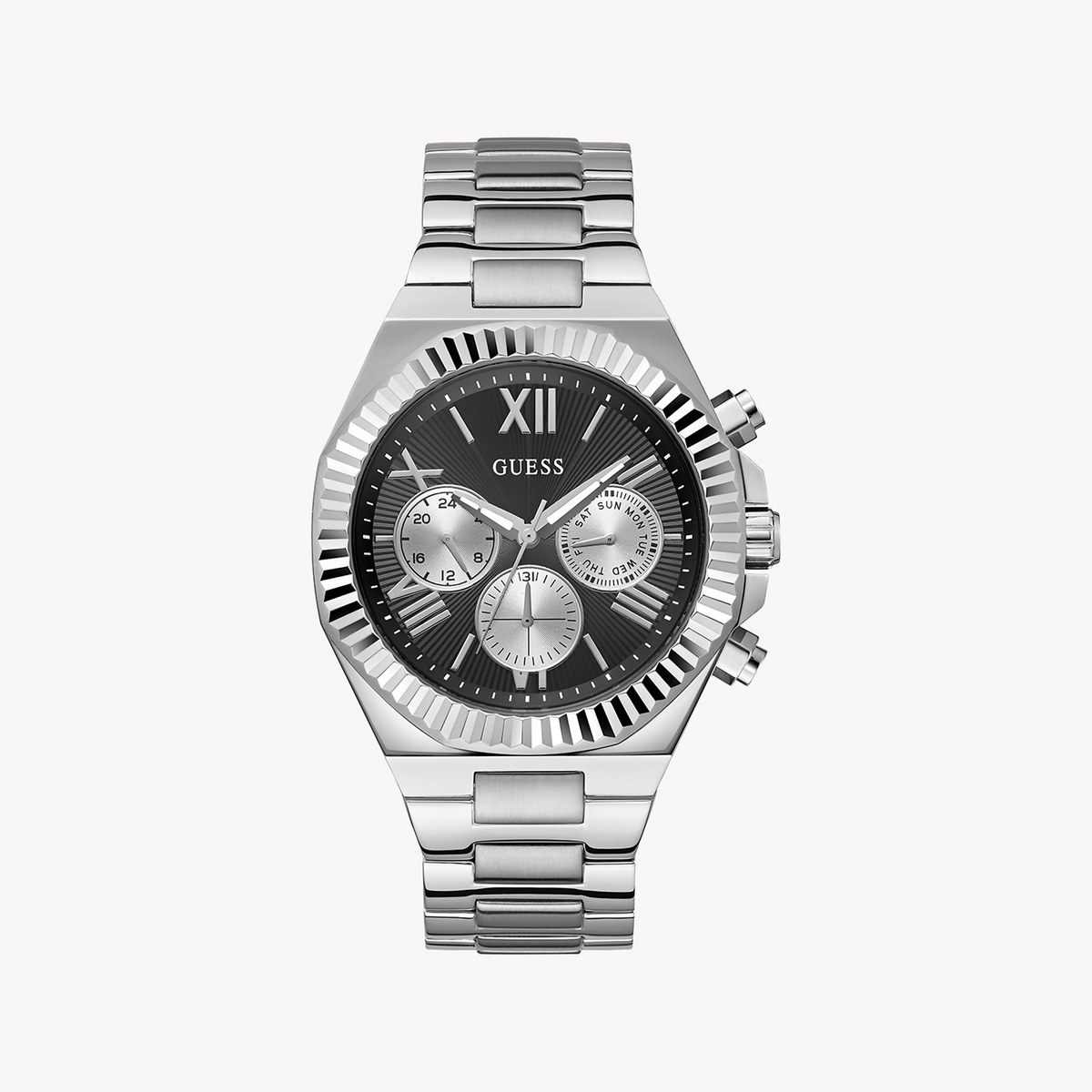 GUESS GW0703G1 - BOLD ELEGANCE: Men's Silver & Black Quartz Watch, Perfect for Every Occasion