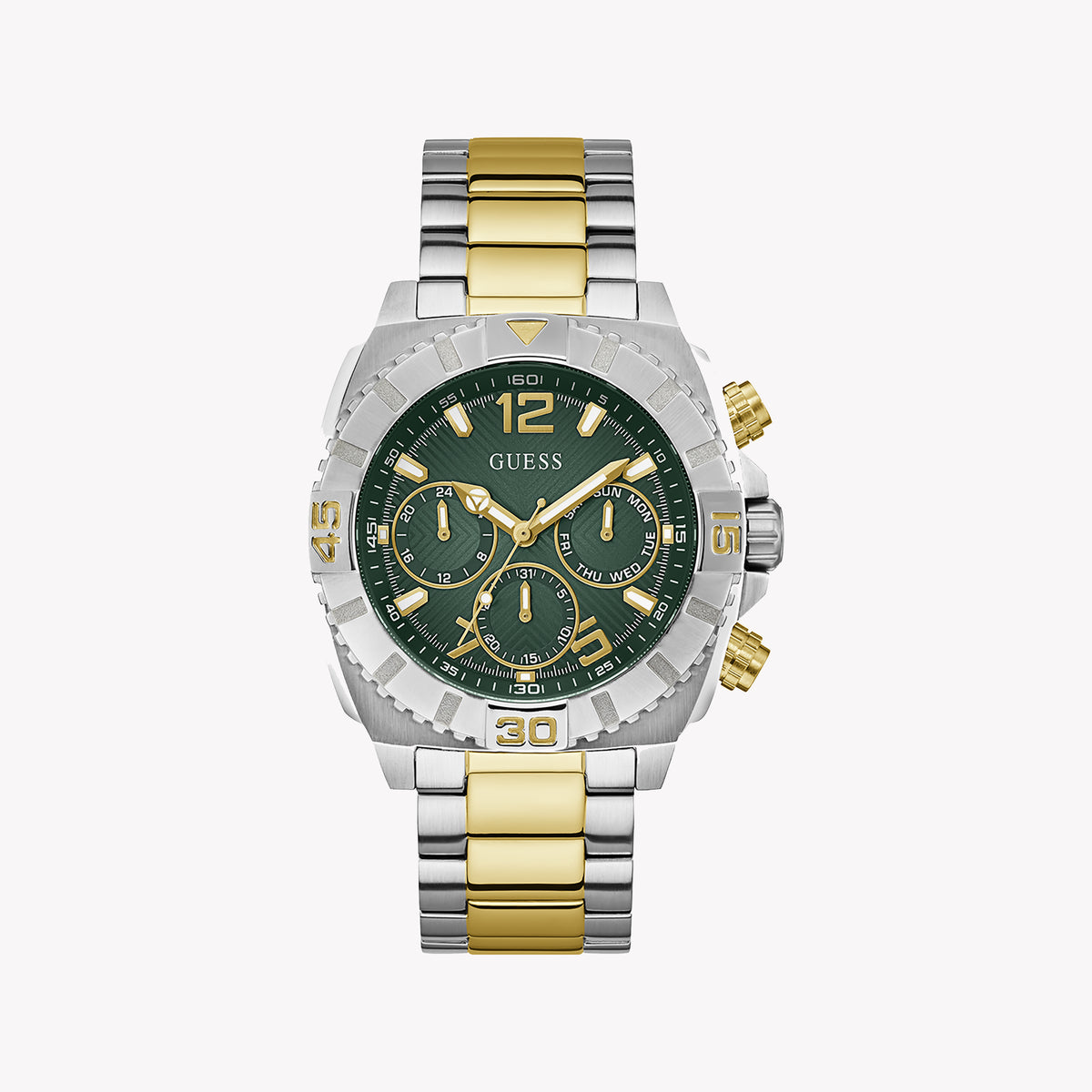GUESS GW0800G1 - BOLD TIMEPIECE FOR THE MODERN MAN - STUNNING GREEN DIAL & GOLD/SILVER BAND