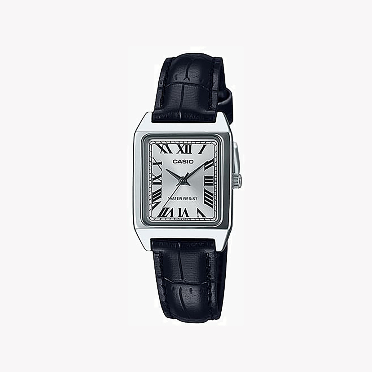 CASIO Women's Watch with Silver Chrome Plated Case and Black Leather Band