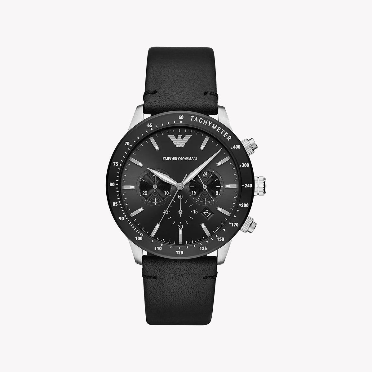 EMPORIO ARMANI AR11243 - BOLD SOPHISTICATION MEN’S WATCH WITH BLACK LEATHER BAND & SILVER CASE