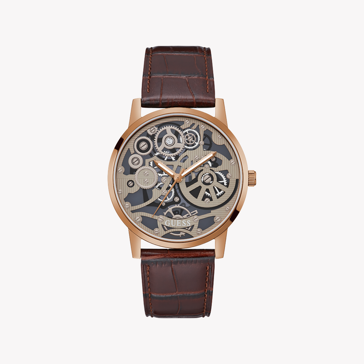 GUESS GW0570G2 ROSE GOLD ELEGANCE - MEN'S TIMEPIECE WITH BROWN LEATHER BAND & CLEAR DIAL