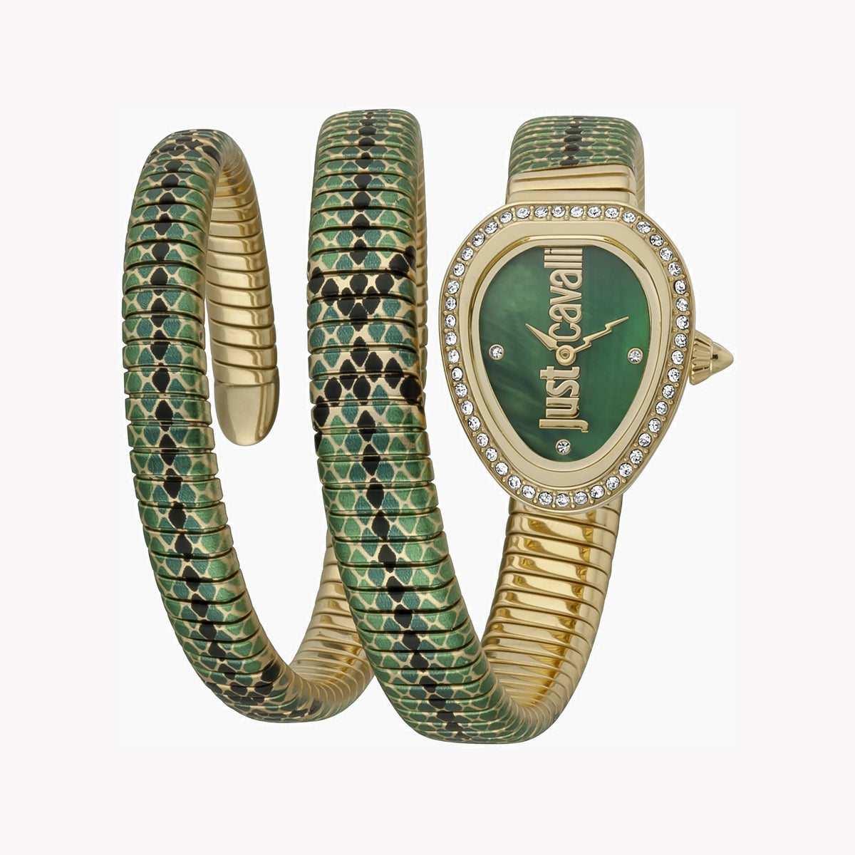 JUST CAVALLI Women's Watch with Gold Stainless Steel Case and Green & Gold & Black Stainless Steel Band