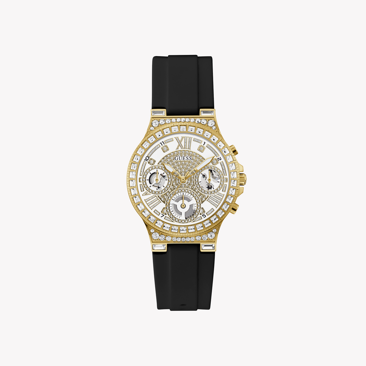 GUESS GW0257L1 - BOLD ELEGANCE WOMEN'S WATCH with Gold Case & Black Silicone Band
