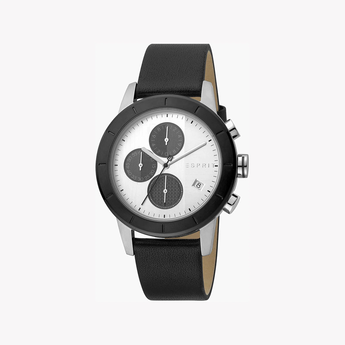 ESPRIT MENS WATCH - TIMELESS STYLE WITH BLACK LEATHER BAND & SILVER DIAL