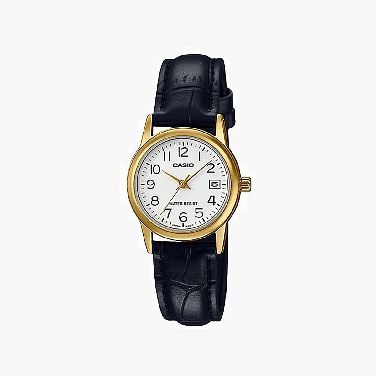 CASIO Women's Watch with Gold Brass Case and Black Leather Band