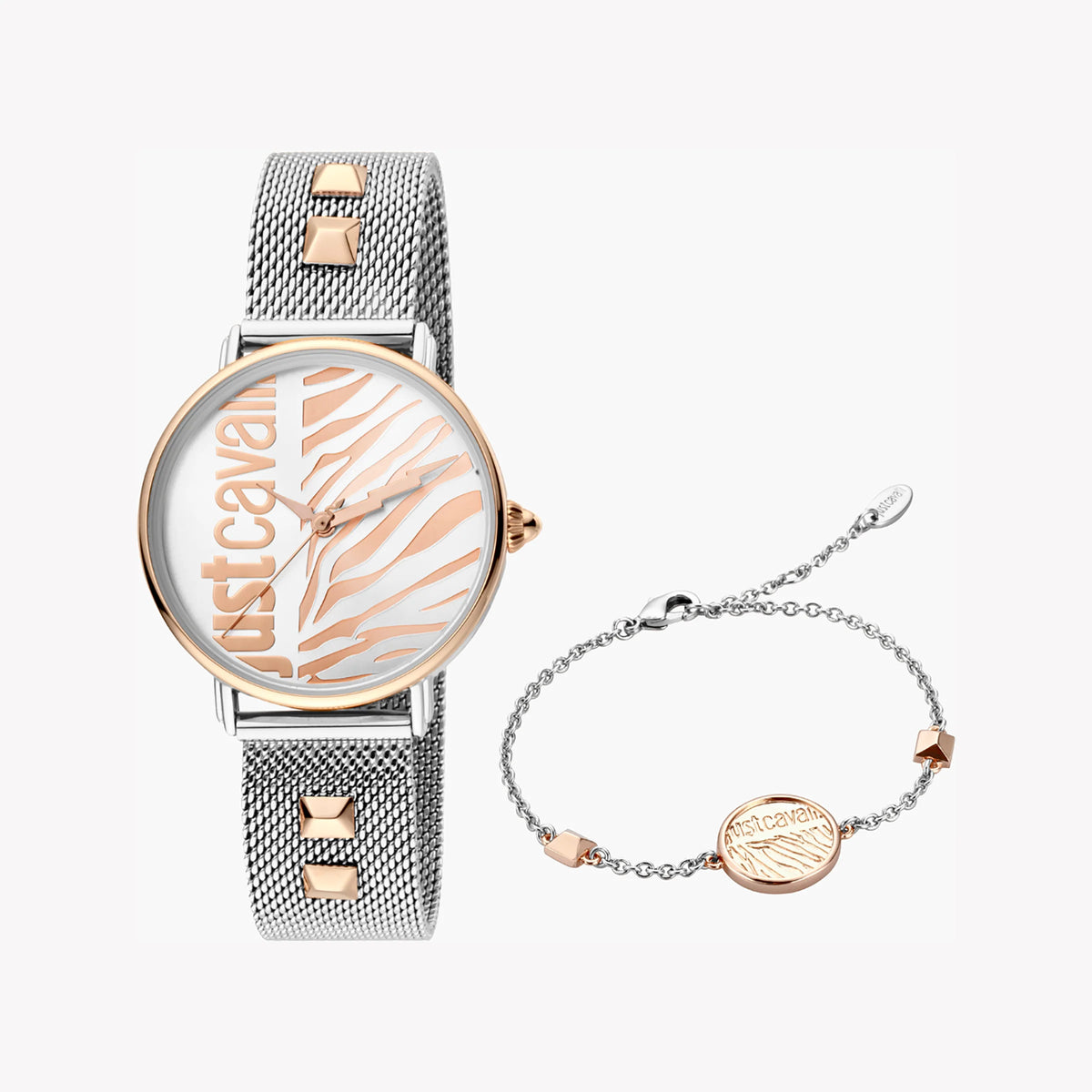 JUST CAVALLI Women's Watch with Silver & Rose Gold Metal Case and Silver Stainless Steel Band