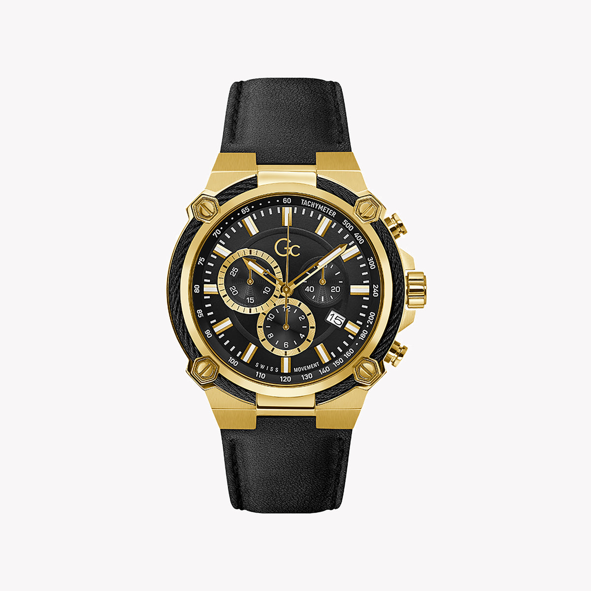 GUESS COLLECTION Y24011G2MF - BOLD ELEGANCE: MEN'S GOLD-ACCENTED LEATHER WATCH